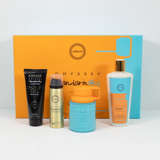 Estuche ARMAF Odyssey Mandarin Sky Gift Set with EDP 3.4FL.OZ, Shower Gel 3.4FL.OZ, Body Spray 1.7FL.OZ & Shampoo 8.4FL.OZ