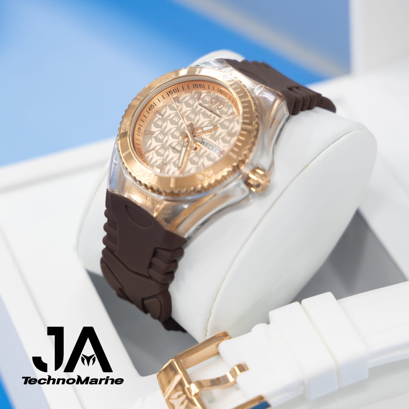 Technomarine 40 mm Cruise Monogram Gold Dial Rose Gold and Brown Silicone Watch Una Pulcera Gratis