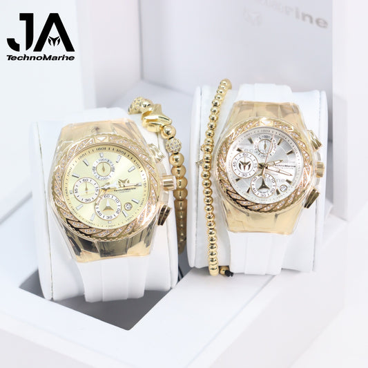 Set Technomarine Custom Special Edition 46mm "Diamond" Technomarine Cruise Valentine Gold PVD Case Crystal Bezel Chrono White Leather Band Women