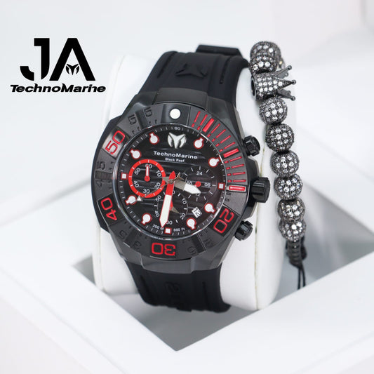 Technomarine Reef Black 45 mm Chronograph Quartz Black Red Dial Men's Watch (Una Pulsera Gratis)