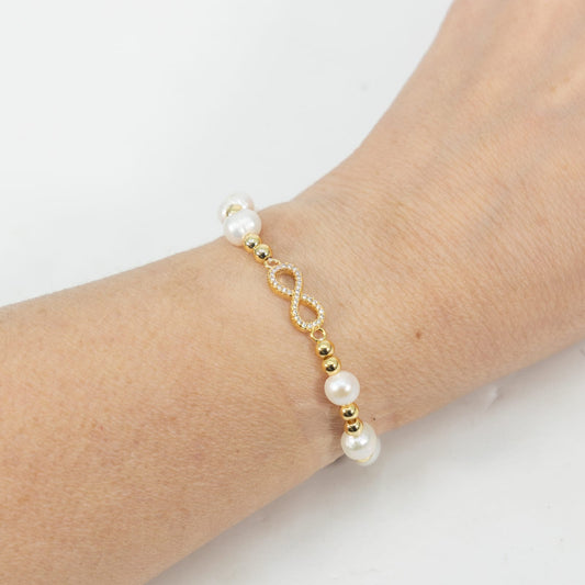 Pulsera De Infinito Ajustable Stainless Steel Con Perla Blanca