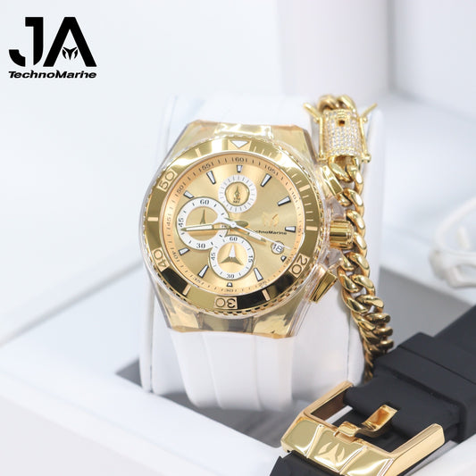 Technomarine Hombre Gold and Gold 46mm “Dos Correas”Una Pulsera Cubana