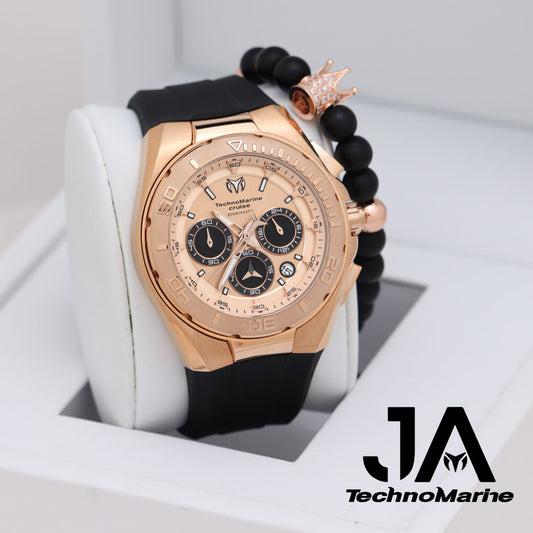 Technomarine Men's Cruise 45mm Black Leather Band Steel Case Quartz Rose Gold-Tone