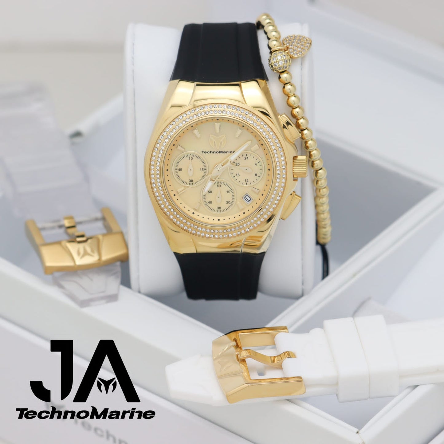 TechnoMarine Pave 40mm Para (Mujer )Gold & Gold Tres Correas Una Pulsera Gratis