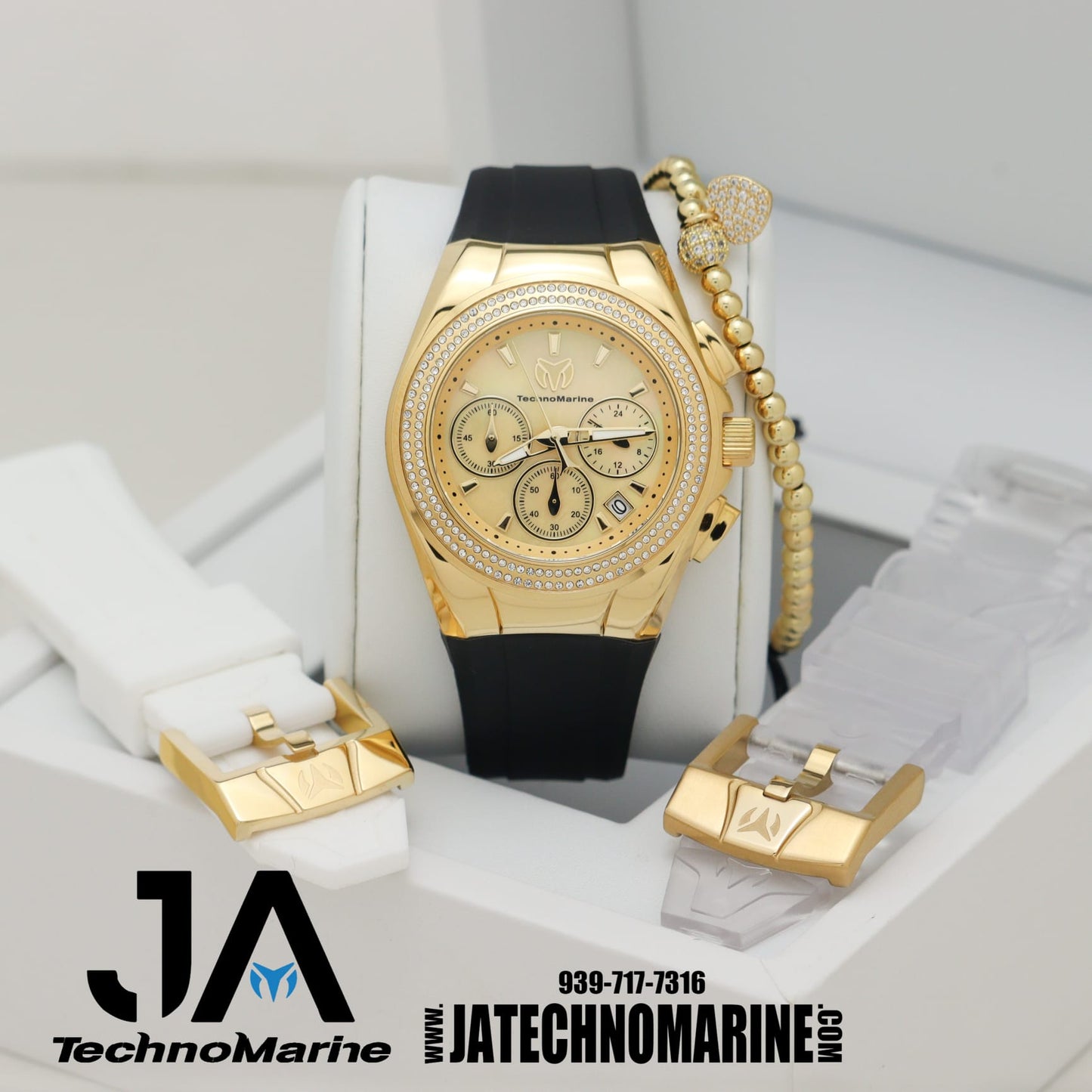 TechnoMarine Pave 40mm Para (Mujer )Gold & Gold Tres Correas Una Pulsera Gratis