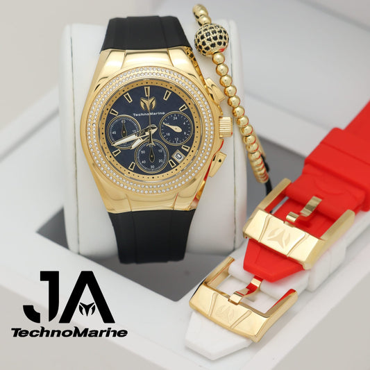 TechnoMarine Pave 40mm Para (Mujer ) Gold tornasol Tres Correas Una Pulsera Gratis