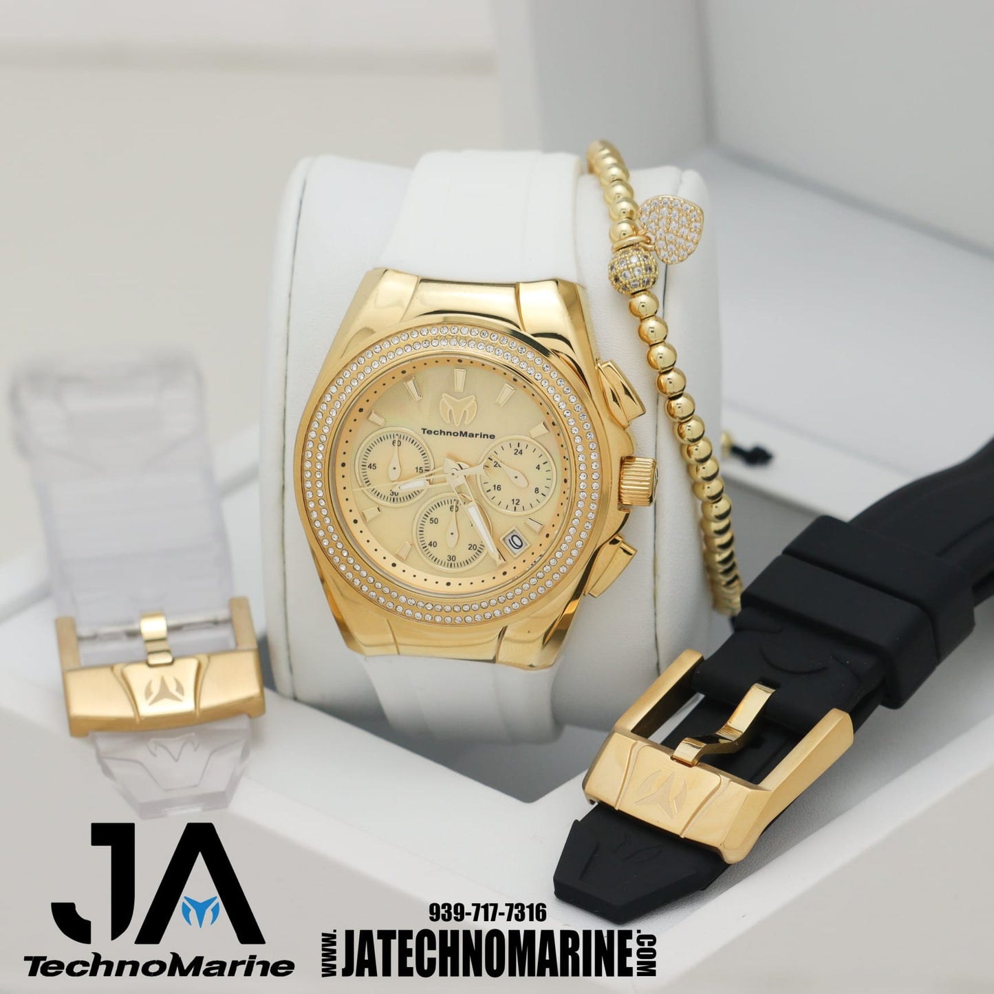 TechnoMarine Pave 40mm Para (Mujer )Gold & Gold Tres Correas Una Pulsera Gratis